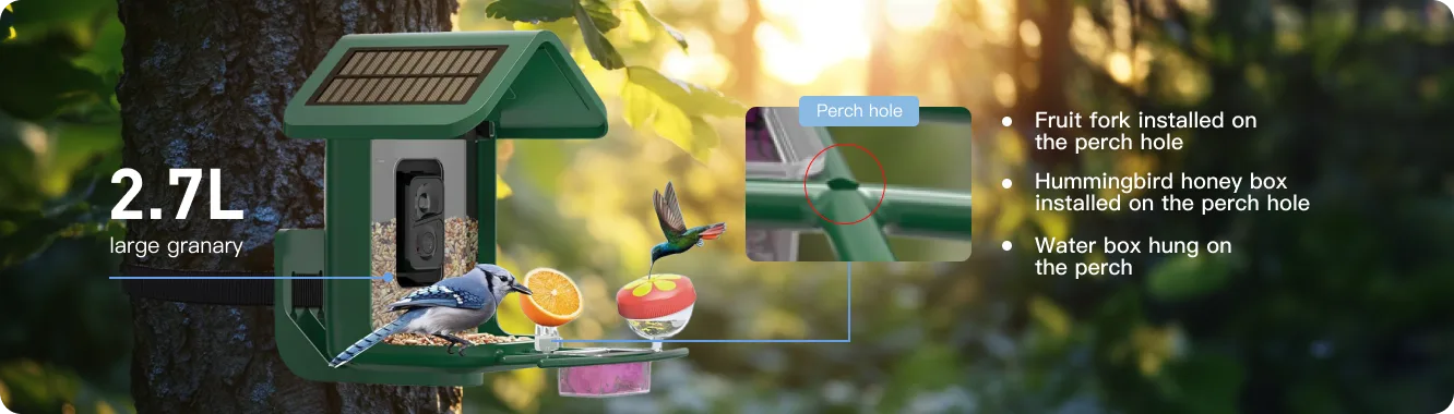 camera bid feeder with a 2.7L granary and multu-functional perch