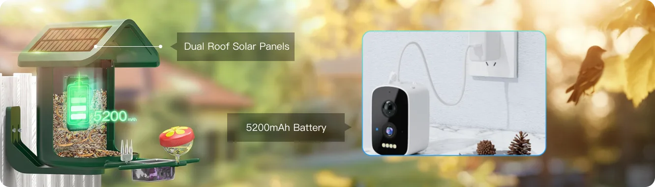 camera bird feeder with 2 solar panels and 5200mAh battery