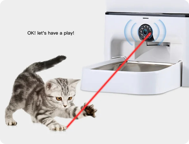 cat food dispenser with two-way audio and cat-teasing laser